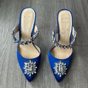 JS Blue Satin Jeweled Heels